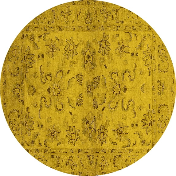 Ahgly Company Machine Washable Indoor Round Oriental Yellow Industrial Area Rugs, 6' Round