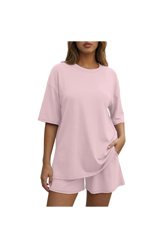 Oversized Two Piece Sets for Women Summer Lounge Short Sets Side Slit Top Casual Airport Travel Matching Outfits with Pockets Pink L
