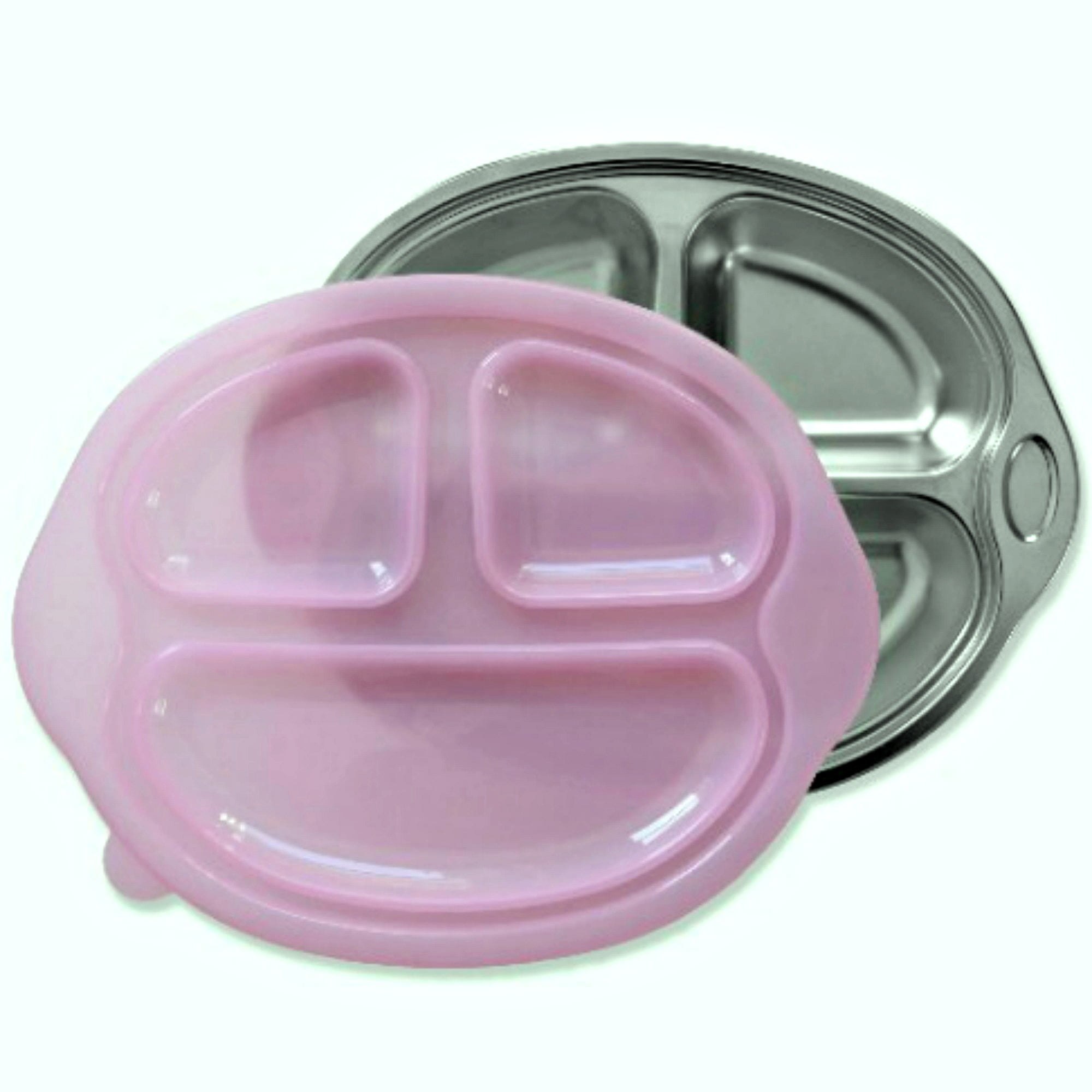Happy Foodie, Stainless Steel Divided kids plate with Pink lid