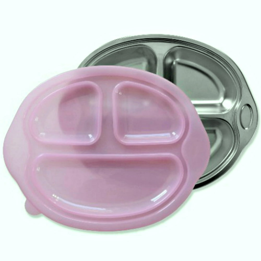 Happy Foodie, Stainless Steel Divided kids plate with Pink lid
