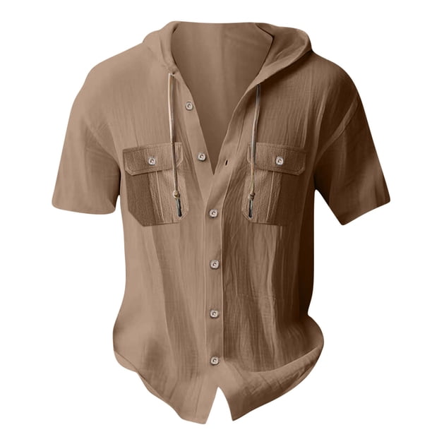 Camisas de Manga Larga de los Hombres con Capucha Cardigan de Color Sólido Suelto Top de Lino, Casual Deportes Camisa de Playa con Botones