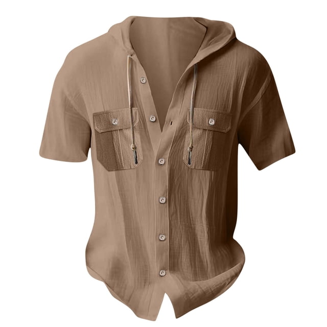 Plebaso Mens Button down Hooded Shirts Long/Short Sleeve Drawstring Hoodies Casual Plain Tops with Pockets