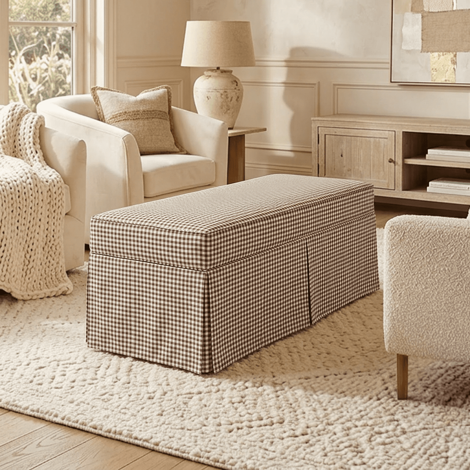 My Texas House Clementine Skirted Upholstered Bench with Gingham Pattern