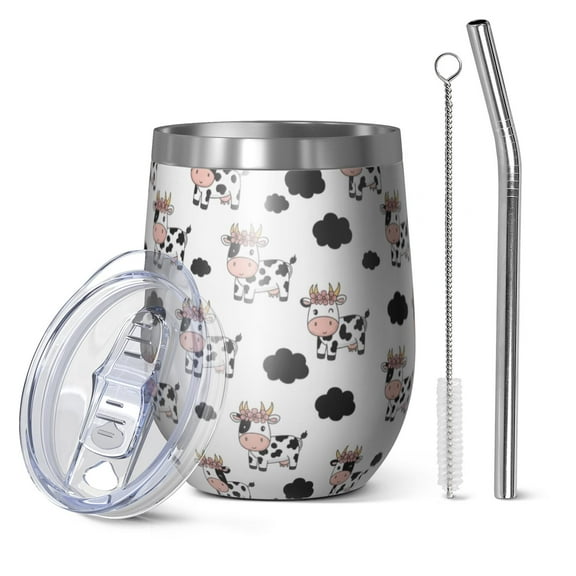 12oz Stemless Wine Tumblers White Cow Floral Crown Pattern Vacuum Insulated Stainless Steel Travel Tumbler Cups Mug with Lid and Straw for Champaign,Cocktail,Beer with Cleaning Brush
