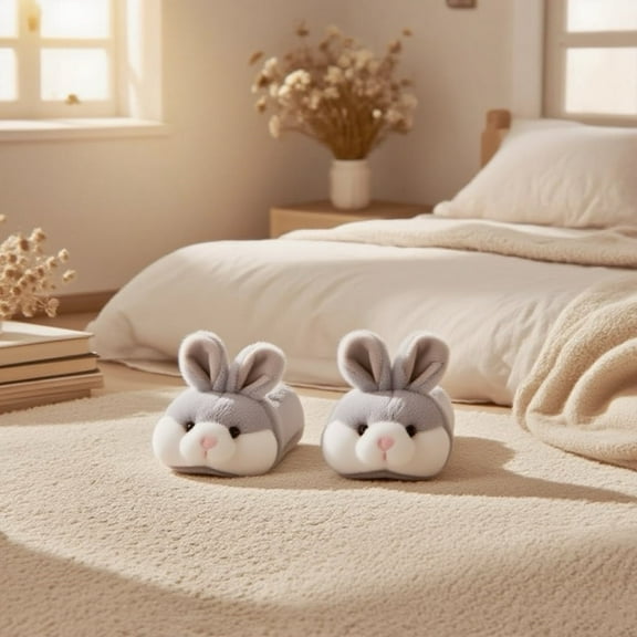 Classic Grey Bunny Slippers for Women Funny Animal Novelty Slippers for Adults Cute Plush Rabbit Bedroom Slippers（Size：11-12）