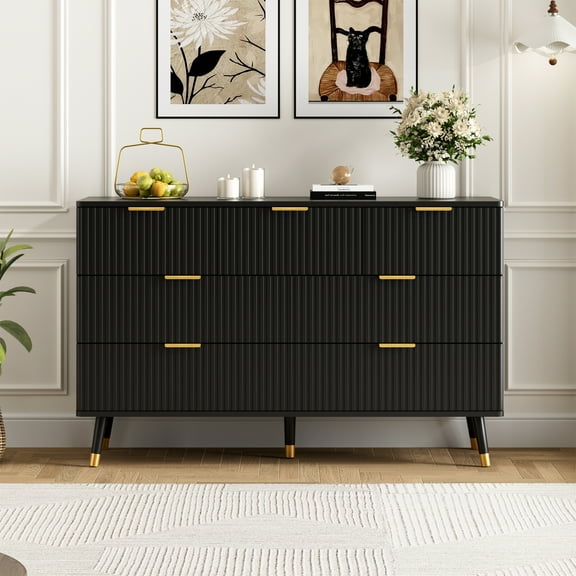 YouTrend 7 Drawer Dresser with Metal Handles Modern Fluted Wood Dresser Adult Storage Chest of Drawers for Bedroom Living Room Hallway,Black