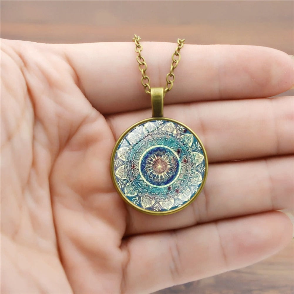 Element Sacred Geometry Cabochon Glass Tibet Silver Chain Pendant Necklace Element Sacred Geometry Cabochon Glass Tibet Silver Chain Pendant Necklace