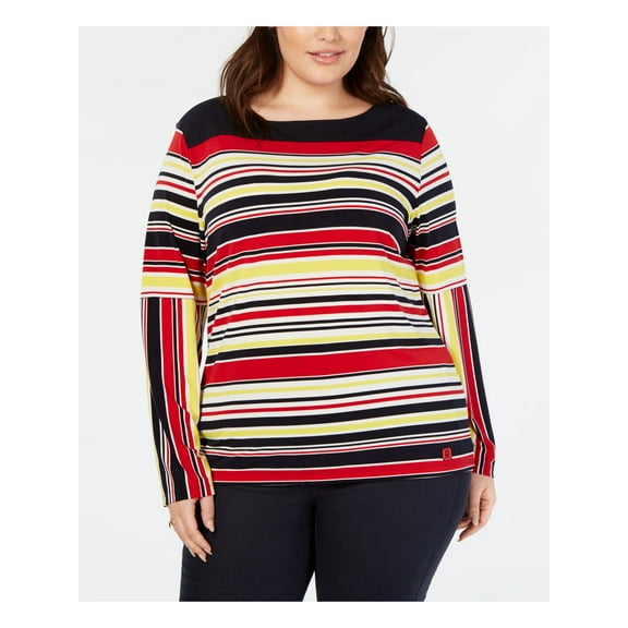 TOMMY HILFIGER Womens Red Color Block Long Sleeve Scoop Neck Top Plus Size: 1X