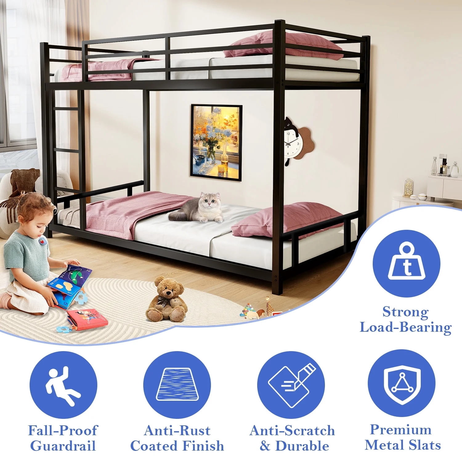 Alvantor Twin over Twin Bunk Beds for Kids Teens, Heavy Duty Low Bunkbeds with Ladder and Safety Guardrails Black