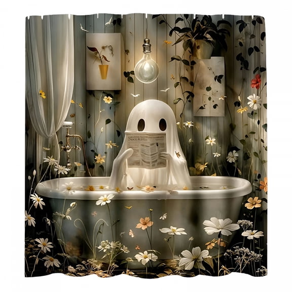 AUQ 2026 New Halloween Themed Ghost Reading Book Pattern Shower Curtain,Bathroom Decor Curtain with 12 Hooks,Bathroom Accessories,Home Decor Supplies,Shower Curtain,Halloween Shower Curtain