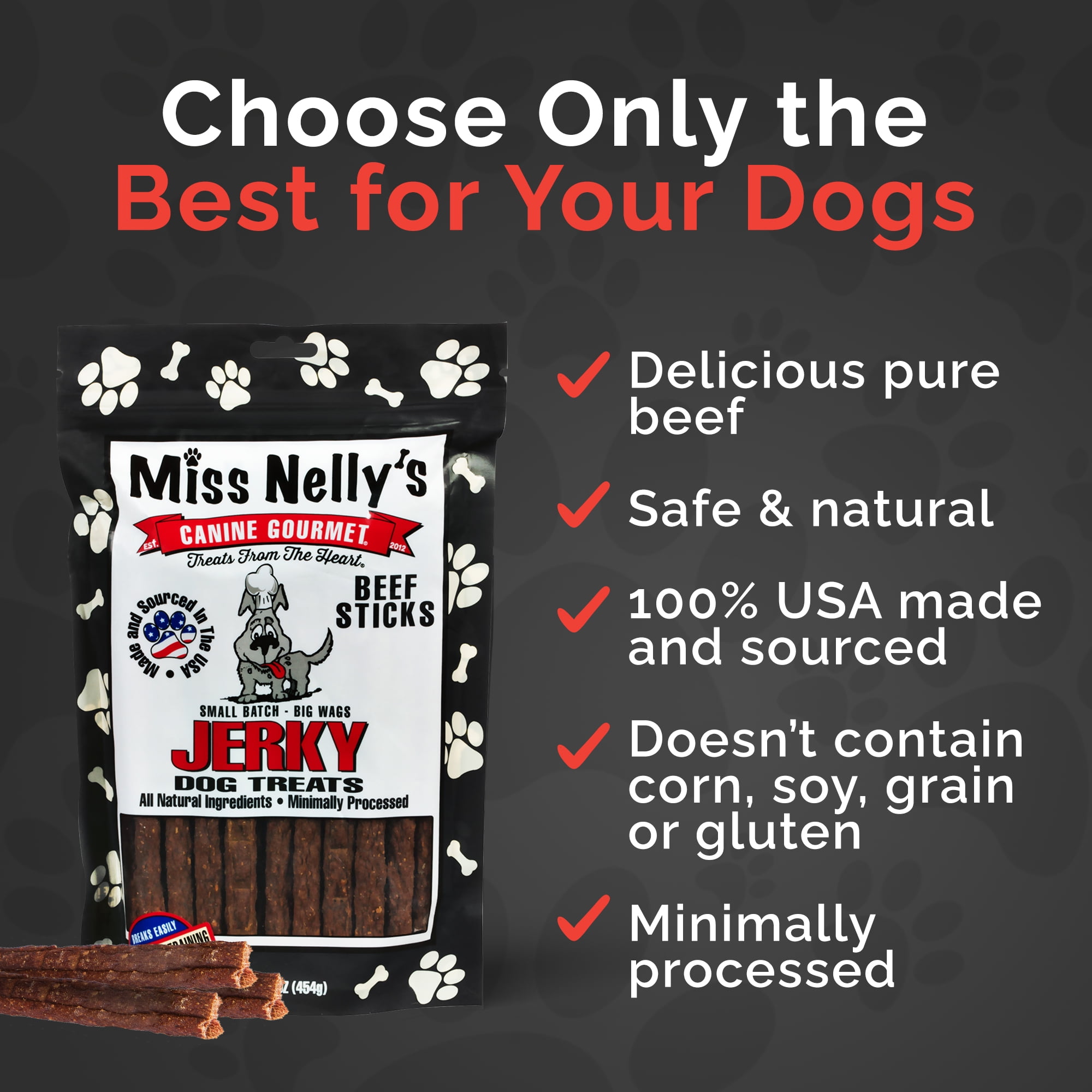 Miss Nelly's Canine Gourmet - Beef Dog Jerky Treats - USA Made and Sourced - Original Smoke House Recipe - Small Batch - Clean Natural Ingredients - Minimally Processed -  16 ounce Bag