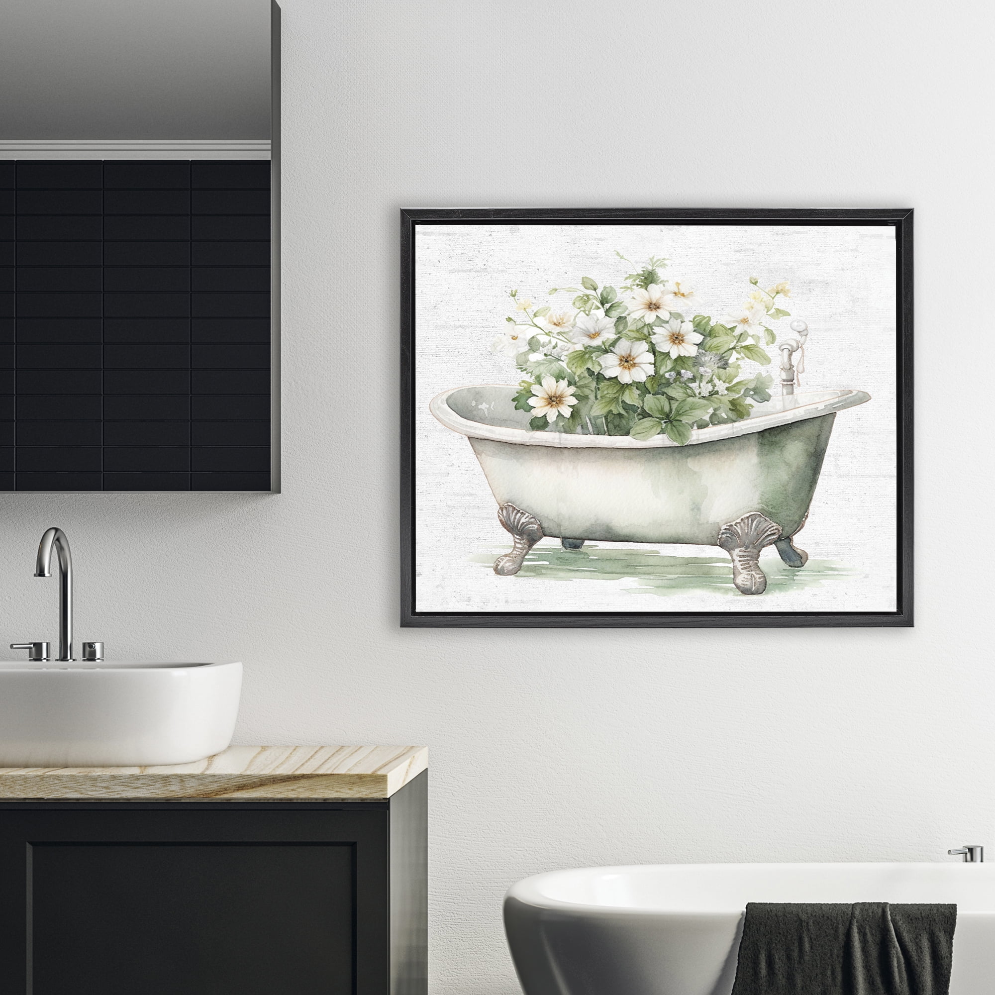 Boho Tub with Daisies Black Framed Floater Canvas Wall Art, design by Lettered and Lined