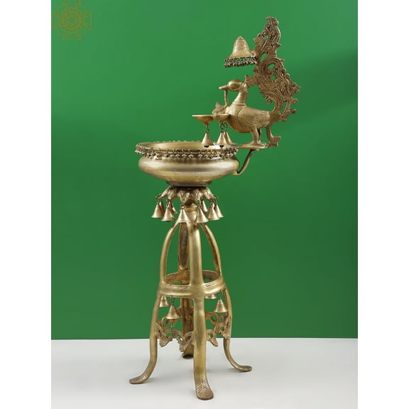 Large Size Lamp with Hanging Bells and Ghungroos (With Urli Bowl) - Brass Statue