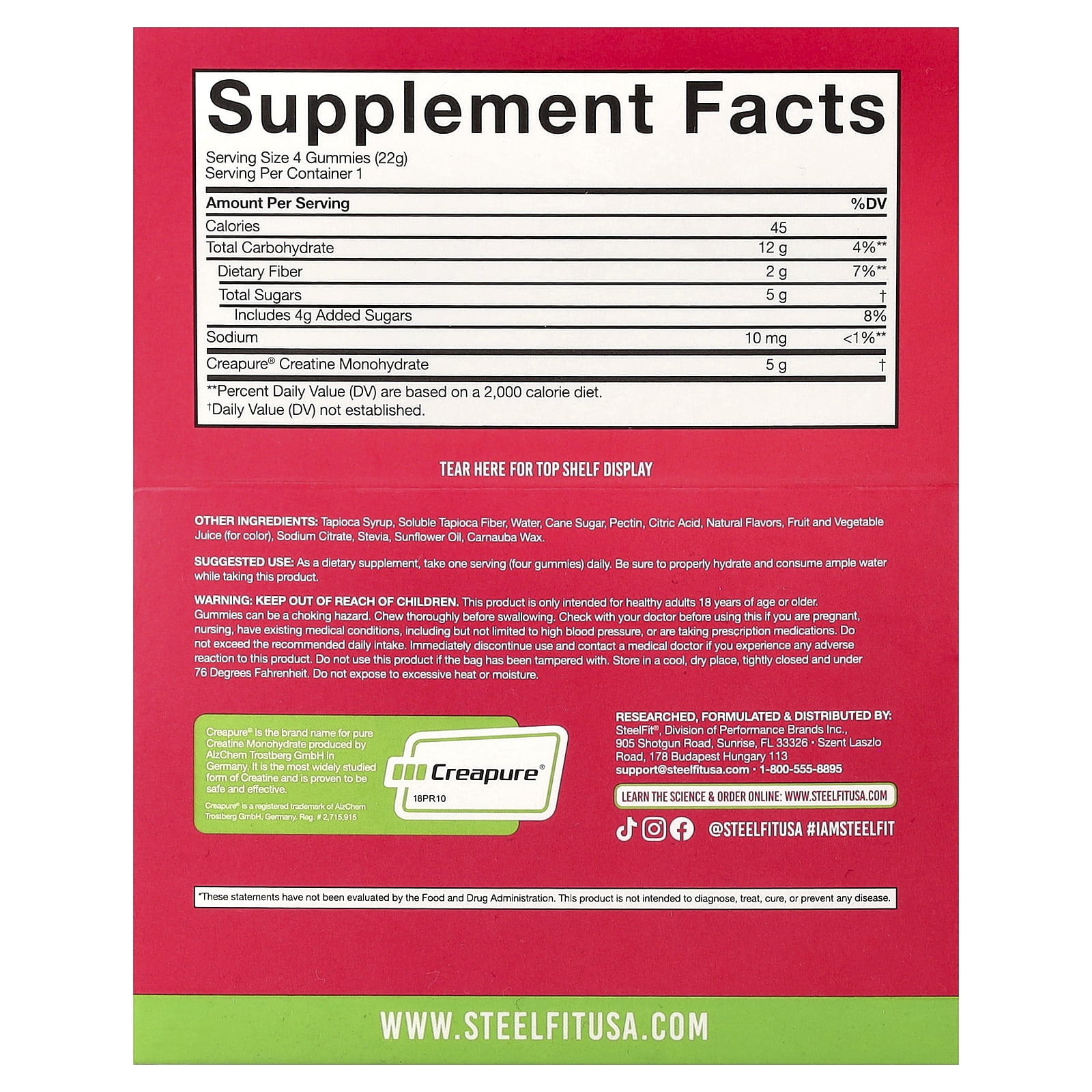 SteelFit Creatine On-The-Go™, Creatine Monohydrate Gummies, Juicy Watermelon, 12 Packs, 0.8 oz (22 g) Each