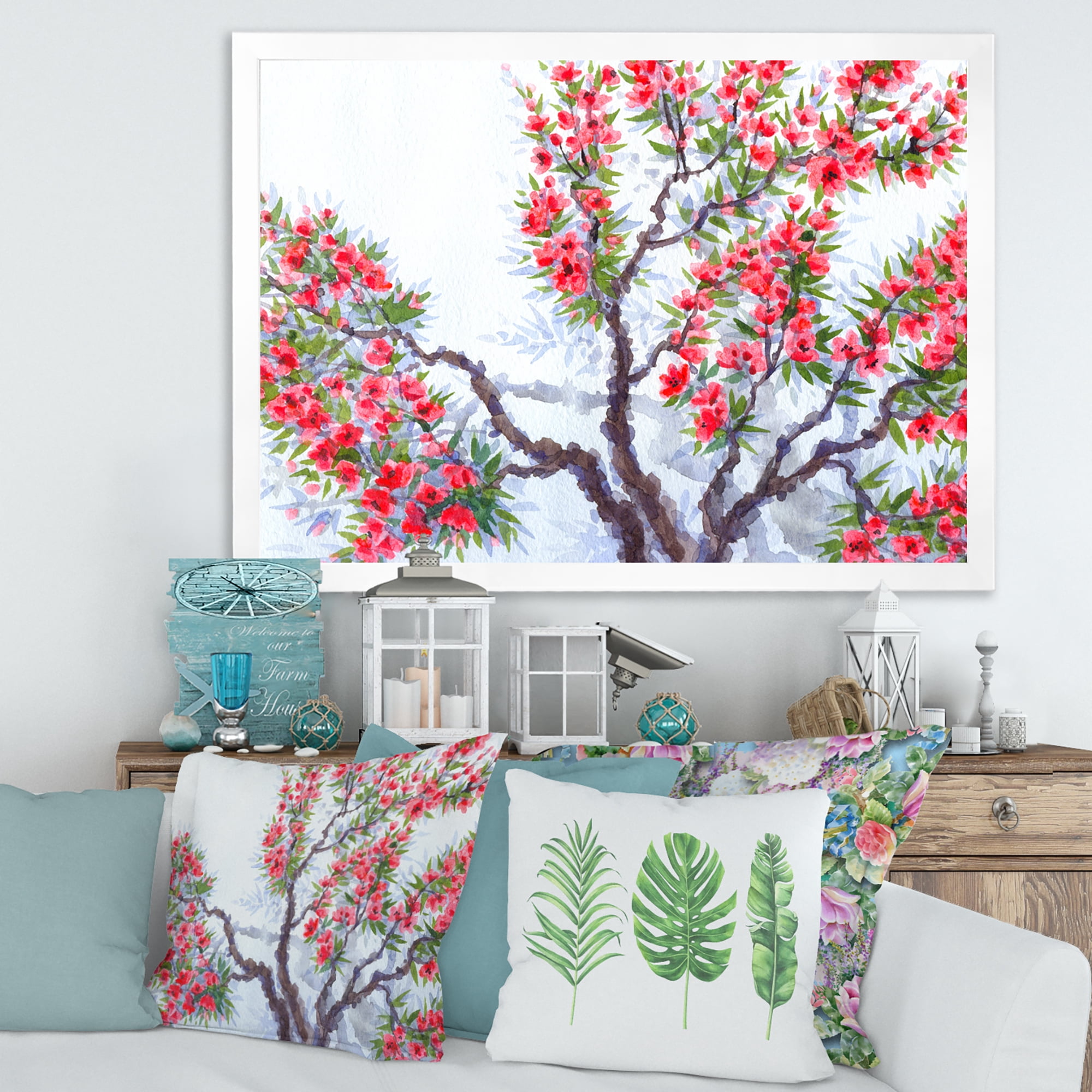 Abstract Red Flowers of Spring Tree 32 in x 16 in Framed Painting Canvas Art Print, by Designart