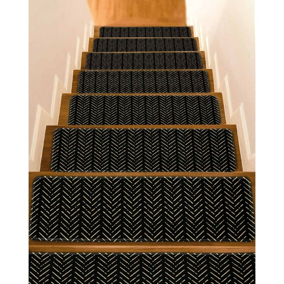 Black Yellow Geometric Stair Treads for Wooden Steps Indoor Runner Rug Carpet, Modern Abstract Art Striped 10 Pieces Peel and Stick Staircase Step Treads Covers Washable Throw Door Mats, 30"x8"