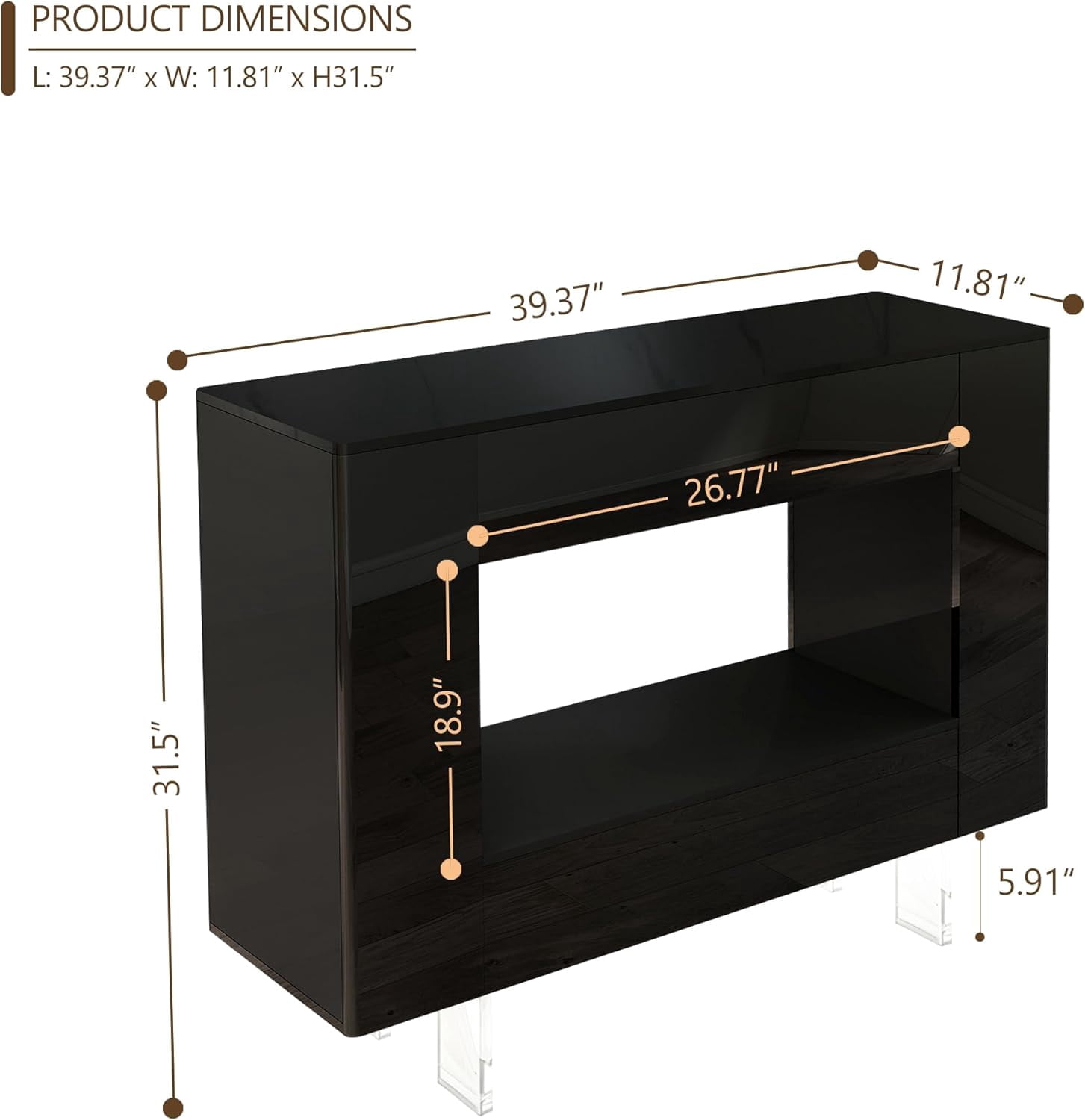 47-Inch Modern Black High Gloss Console Table with Hidden Side Storage Cabinets and Adjustable Shelves, Entryway Sofa Table