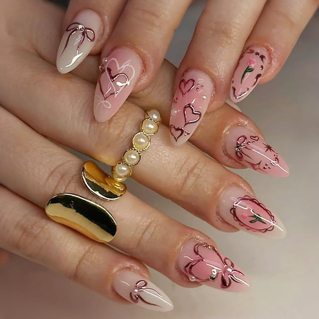 Press on Nails BMKKOT, 24 unidades, color rosa, almendra mediana, con diamantes de imitación 3D
