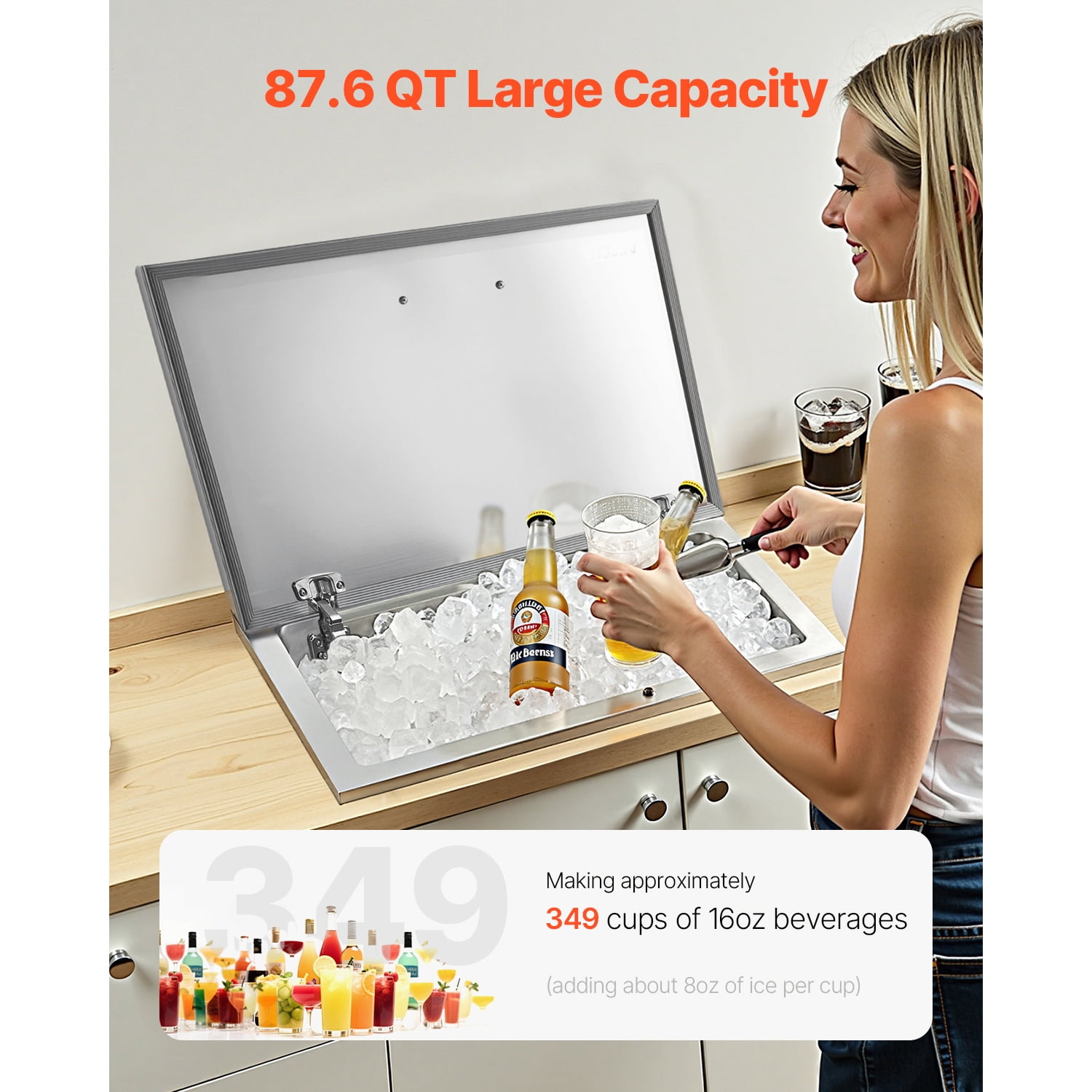 KFFKFF Stainless Steel Drop-In Ice Chest, 28"L x 16"W x 17"H, 87.6 Quart Cooler with Flip Lid for Outdoor Kitchen, Patio Bar, Includes Drain-Pipe Set for Chilling Beverages