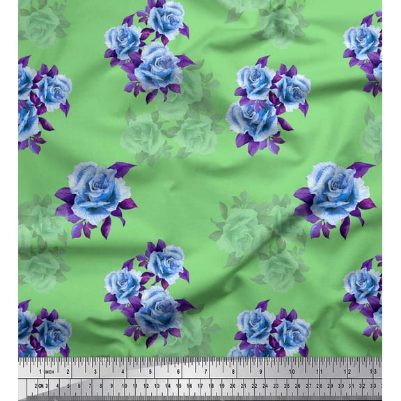 Soimoi Green Cotton Duck Fabric Leaves & Alba Rose Floral Decor Fabric Printed Yard 42 Inch Wide