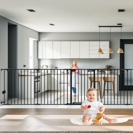 Baby Gate 35"-199" Extra-Wide Gate for Stairs, Play Yard Child Safety Gate, Dog-gate with Auto-Close Door, Double Locking System for Fireplace, Kitchen, Foldable 8 Steel Panels, 29" Height