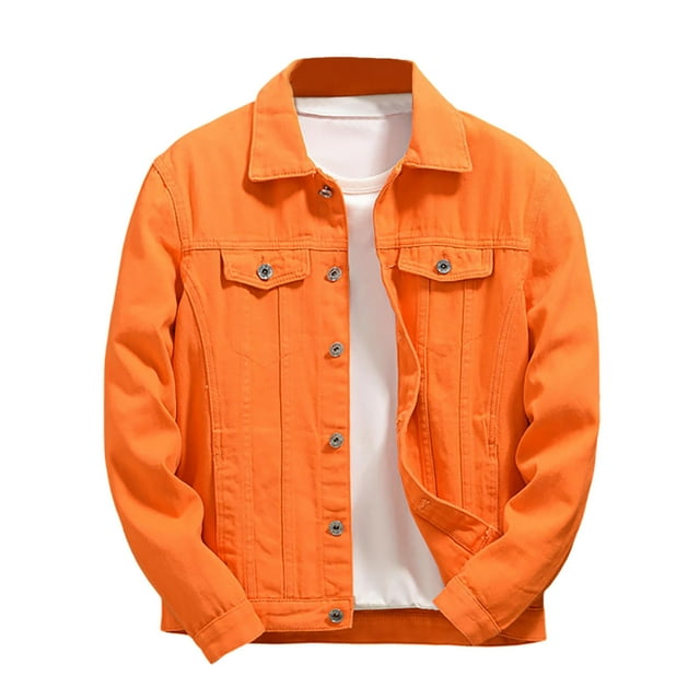 Tiweut Denim Outdoor Jackets for Men Fall Daily Wear Solid Colour Loose Style Long Sleeve Button Coat Man Outerwear Orange,L