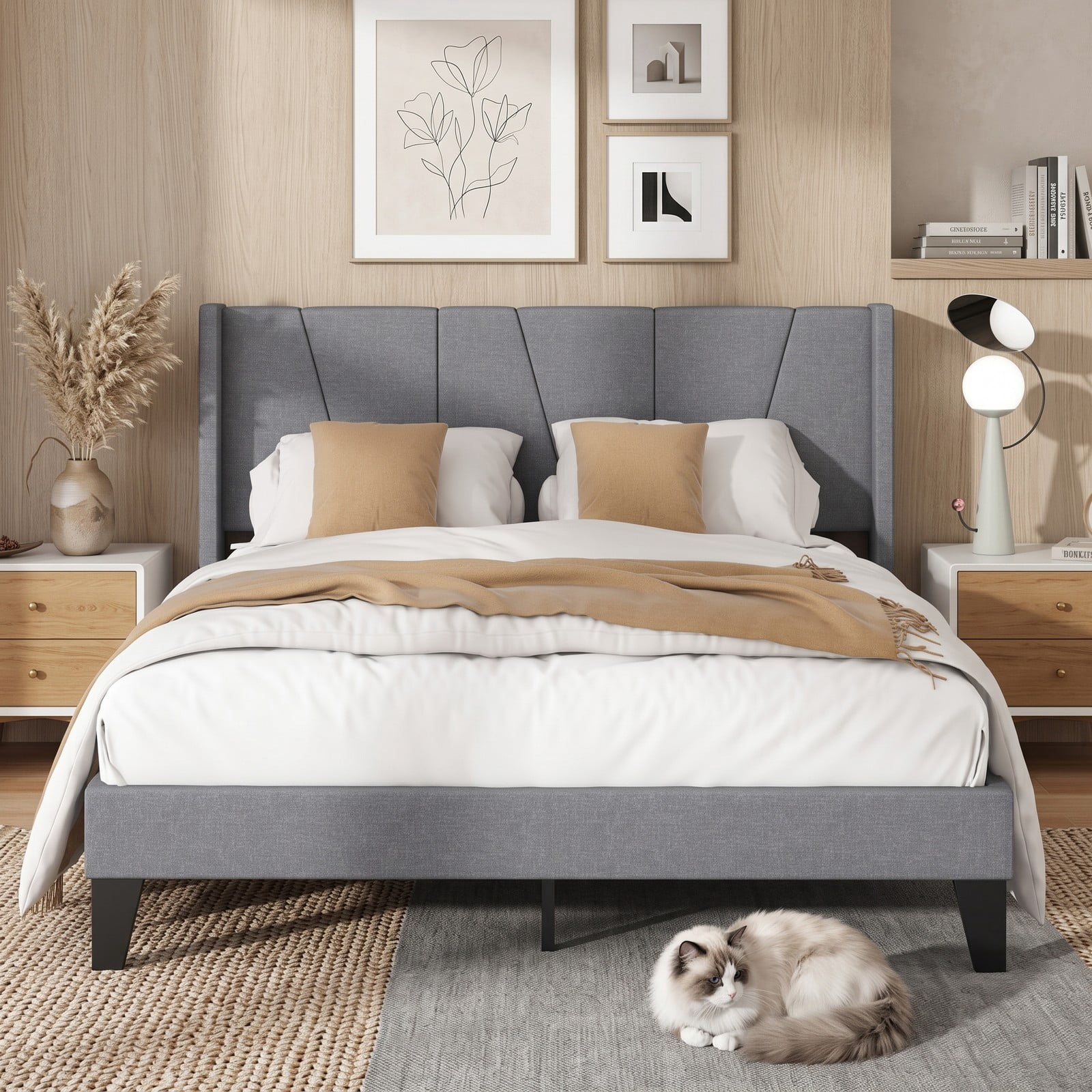 Furnibear Queen Bed Frame with Headboard, Upholstered Platform Bed with Wingback Headboard, Wood Slat Support and Side Storage Pockets, Gray