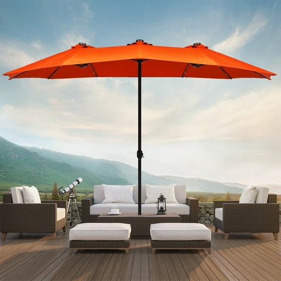 Costway 15' Orange Rectangle Market Patio Umbrella, Solar Powered, Crank, Water-Resistant