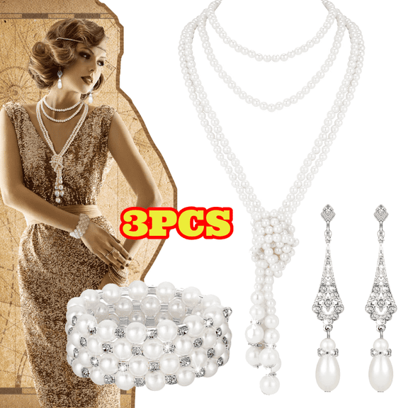 3pcs Pearl Jewelry Set, Including Vintage Flapper Earrings Layered Pearl Necklace Bracelet for Women