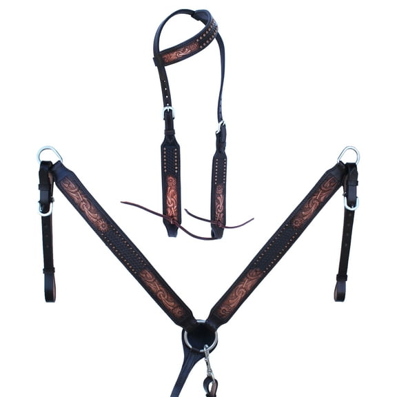 Horse Western Tooled Leather Headstall Bridle Breast Collar Set 78FK20A