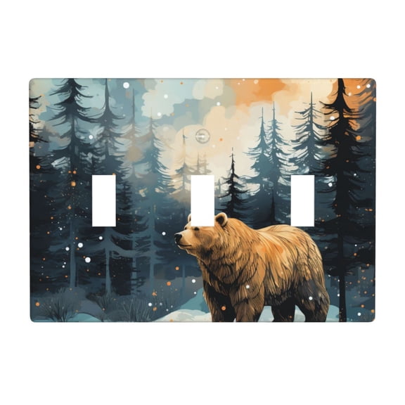 Bear Moose Rustic Wood 3 Gang Light Switch Cover Decorative Triple Toggle Wall Plate for Kitchen Bedroom Bathroom Living Room Decor