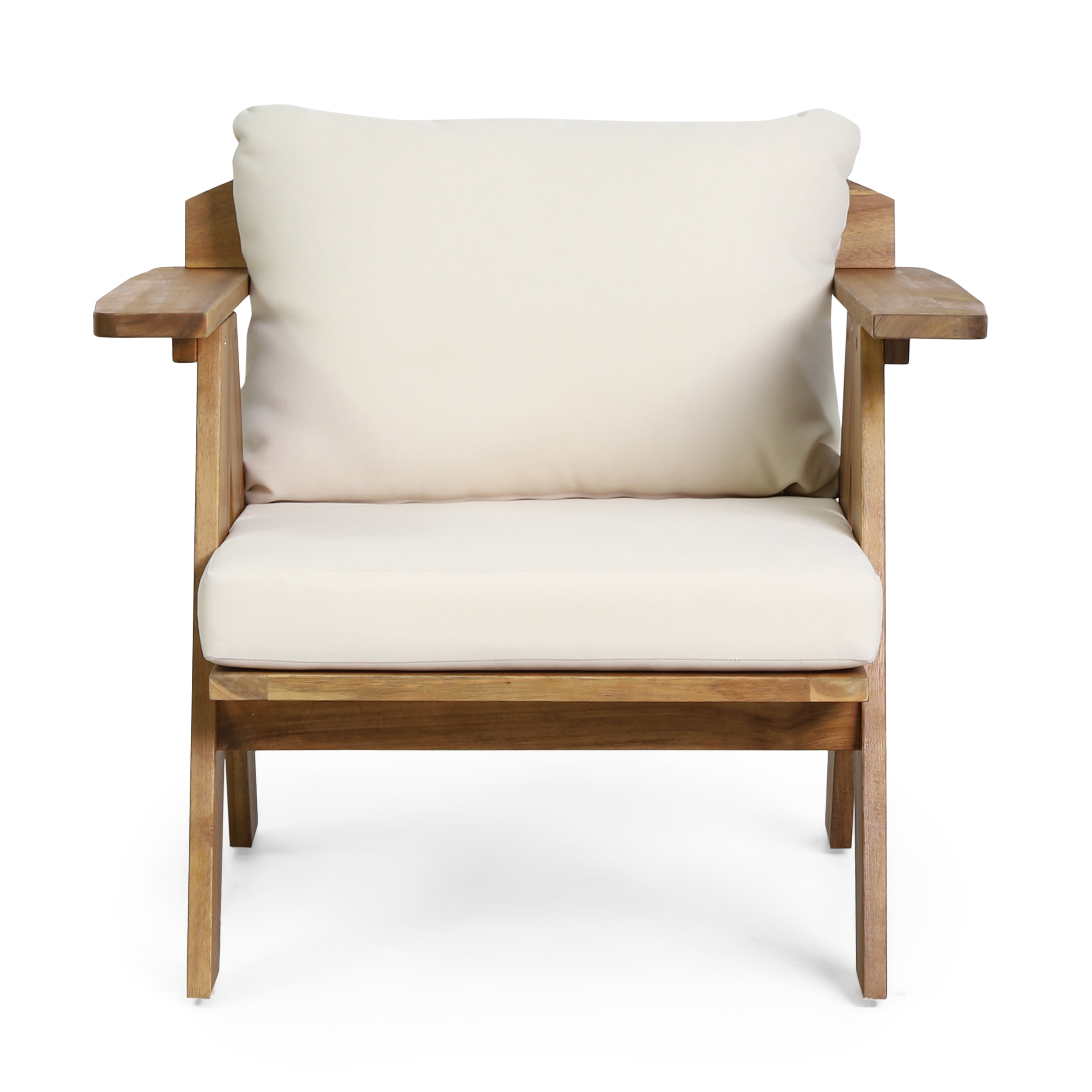 Outdoor Cushioned Single Chair Set of 2, Acacia Wood Frame Relaxing Seats for Patio Garden, Teak and Beige