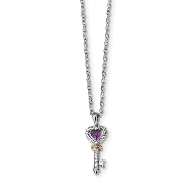 925 Sterling Silver 14k Amethyst Diamond Key 18 Inch Necklace Pendant Charm Gemstone