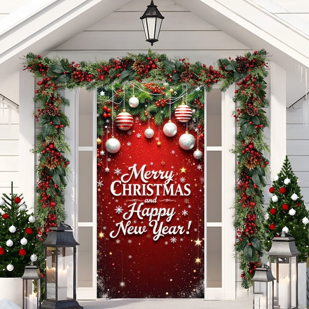 Cubierta de puerta de Navidad de 35 X 71 pulgadas, patrón de Santa Claus, decoración de puerta de Navidad, decoración de fiesta de festival