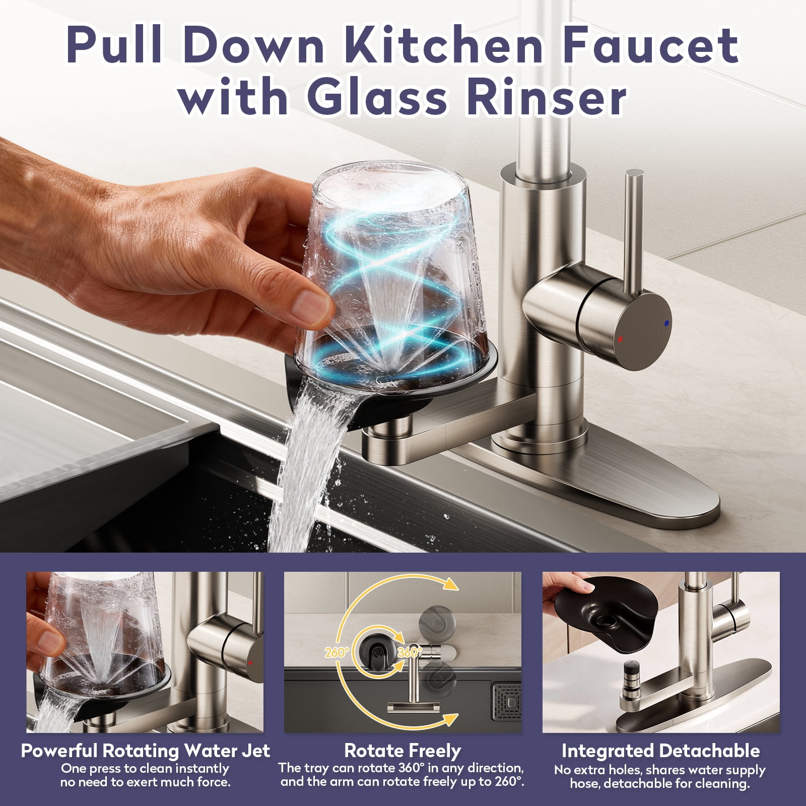 KAIYING Pull Down Kitchen Faucet with Integrated Glass Rinser and Waterfall Mode, Brushed Nickel