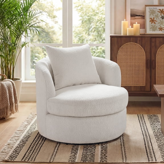 Ebello Swivel Accent Chair, 360° Round Swivel Barrel Chair with Pillow, Widened Upholstered, Lamb Wool Fabric Detachable Cushion for Living Room, White