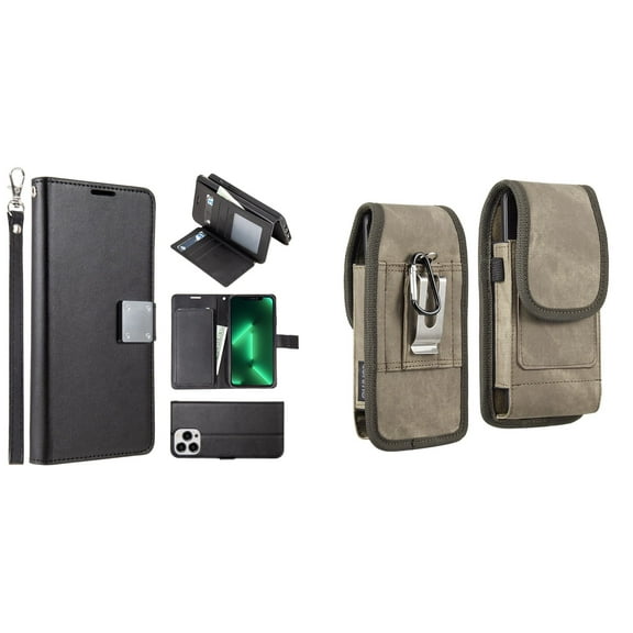 Bemz Pocket Clutch Wallet Case and Belt Holster Pouch for iPhone 14 Pro (Black/Brown)
