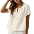 thumbnail image 6 of Women's V Neck Short Sleeve Linen Top Tops Shirts Blouses Button Down Ruffle Trim Solid Color Casual Daily Wear Vacation Beach Outfits Fashion Essential Gift for Women | Aestivo,White M, 6 of 7