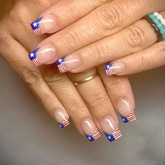 4th of July Press on Nails Medium Square Fake Nails Ombre French Tip Acrylic Nails Glossy Glue on Nails Red Blue Gradient False Nails with Stars Design Independence Day Stick on Nails for Women 24Pcs