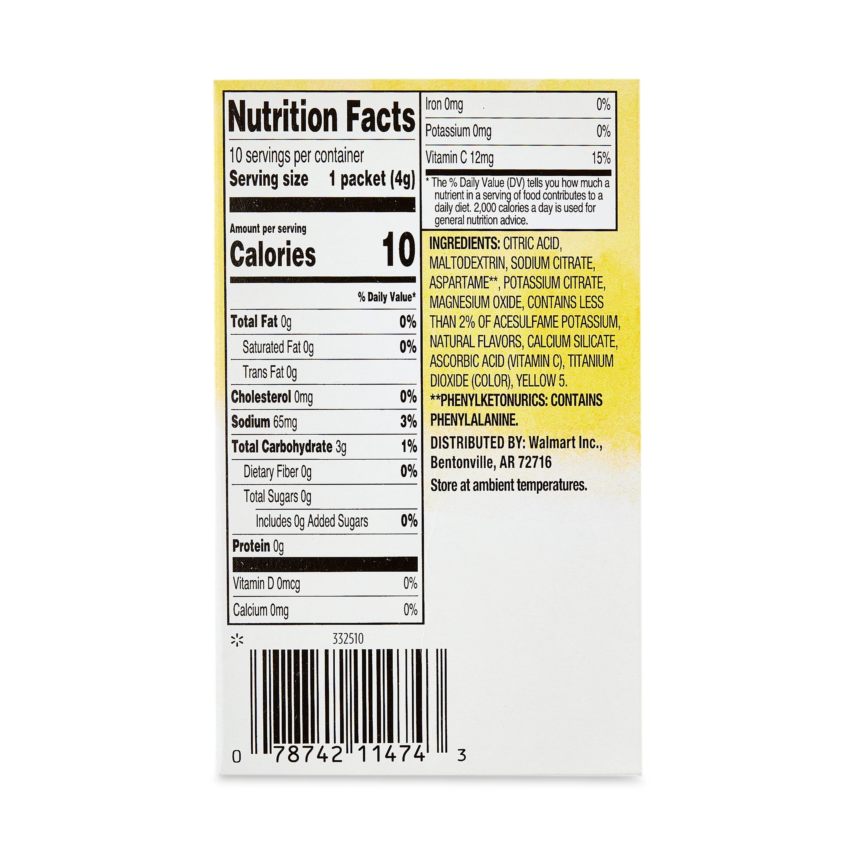 (12 pack) Great Value Sugar-Free Lemonade Drink Mix Packets, 10 Count, 0.14 oz Each