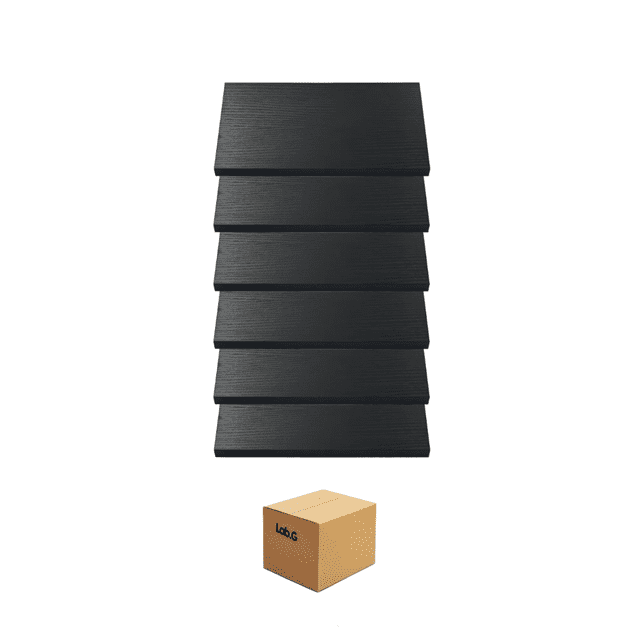 estante flotante 30cm x 15cm y 1.6cm de espesor lab.g negro — seis repisas negras apiladas en vista frontal, tableros rectangulares con veta fina y acabado mate; se muestra caja Lab.G y herrajes incluidos; cada repisa soporta hasta 10 kg, aptas para libros, pequeñas plantas y objetos decorativos; también suelen usarse para organizar coleccionables en espacios reducidos.