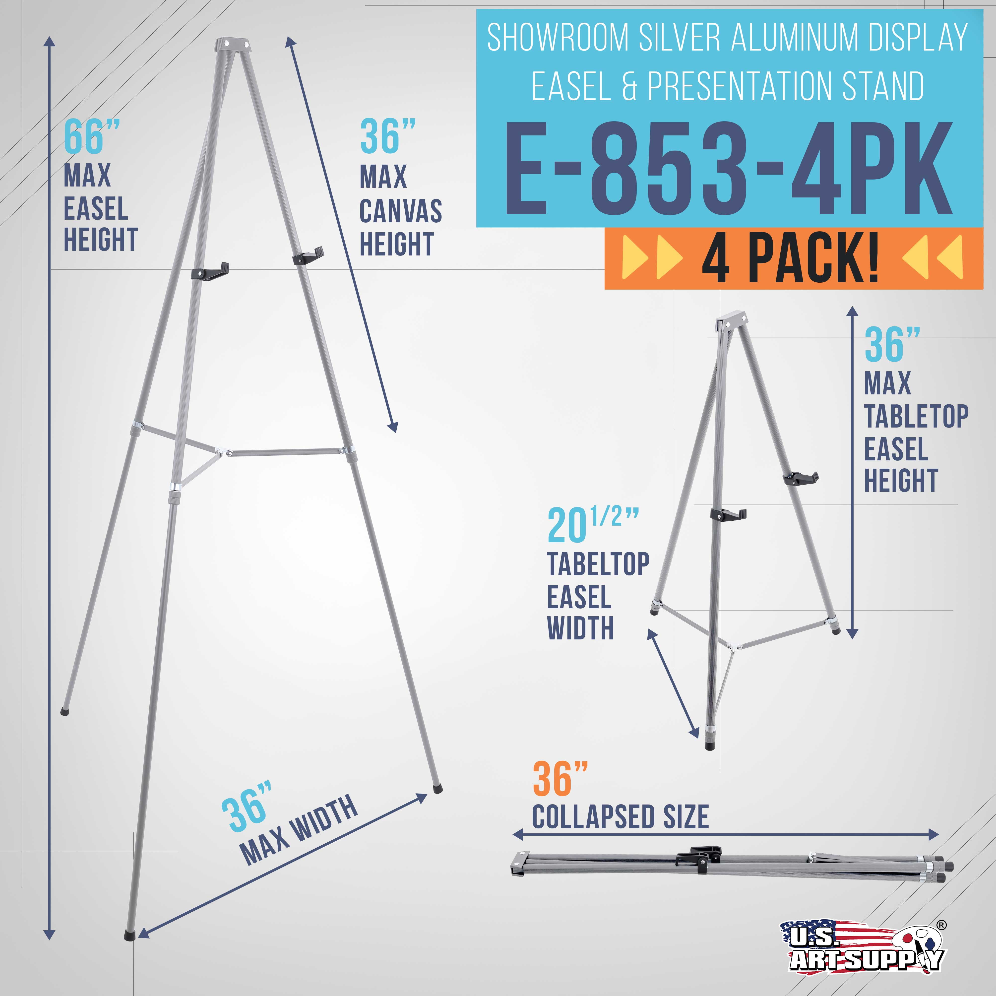 U.S. Art Supply 66" High Gallery Silver Aluminum Display Easel (Pack of 4), Adjustable Floor Tabletop Presentation Stand