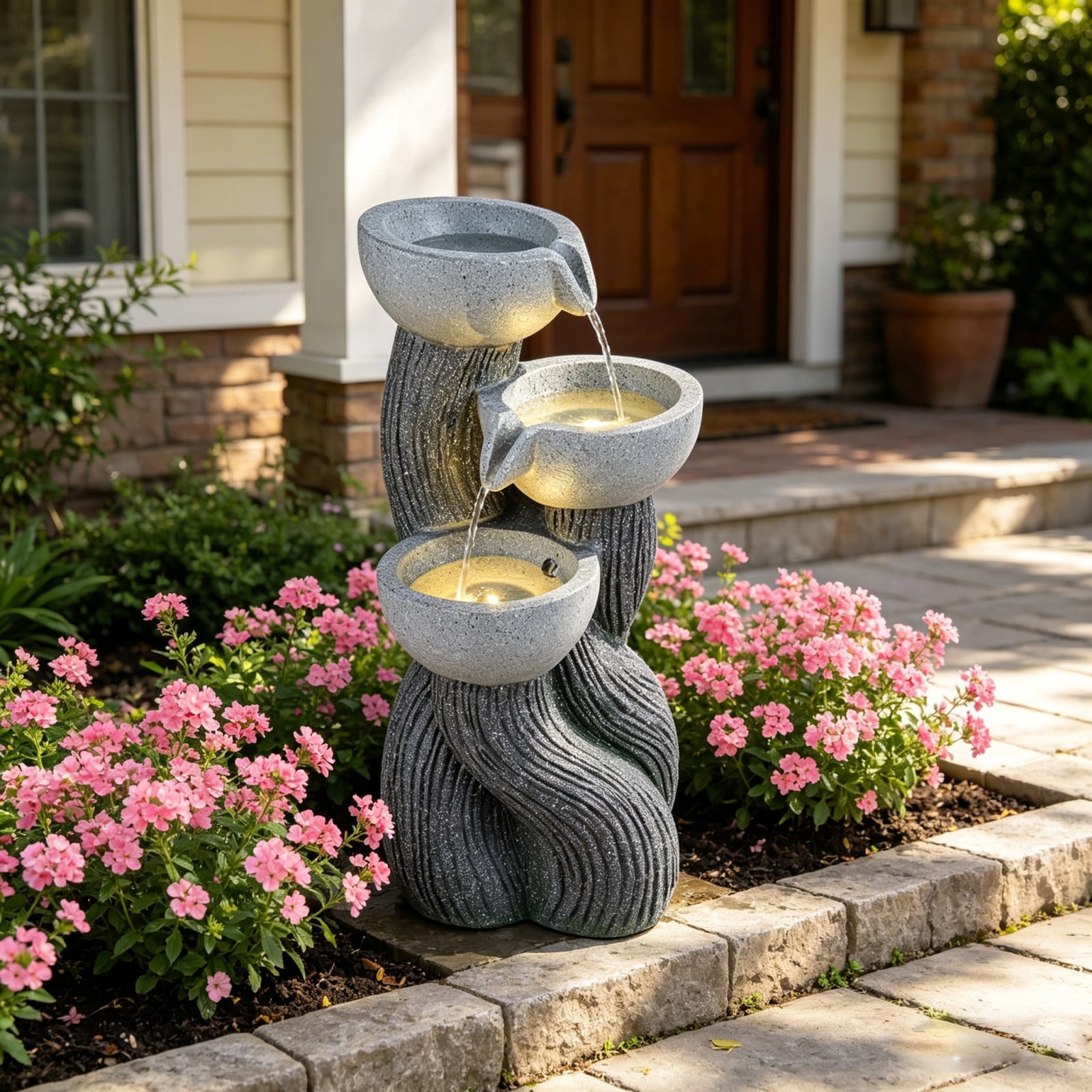 DRAZUNO 18.5"H Outdoor Water Fountain 3-Tier Cascading Bowl Tabletop Waterfall Fountain