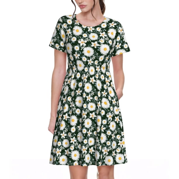 Easygdp White Daisies and Bee para Vestido Transpirable de Mujer, Vestido Suelto de Manga Corta con Pliegues y Bolsillos para el Verano