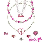 LUV HER Barbie Colorful Jewelry 8 pieces Set for Girls, Official Licensed- Necklaces and Metal Charm Rings - Birthday and Party Favor - Ages 3+