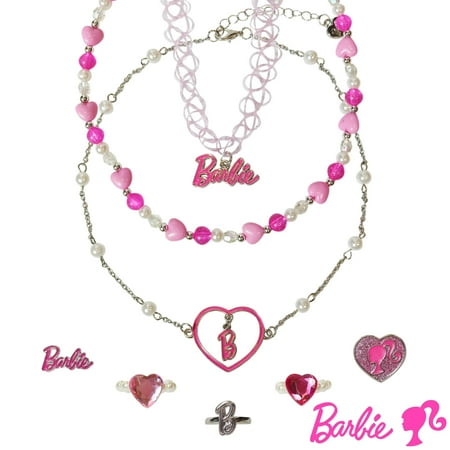 LUV HER Barbie Colorful Jewelry 8 pieces Set for Girls, Official Licensed- Necklaces and Metal Charm Rings - Birthday and Party Favor - Ages 3+