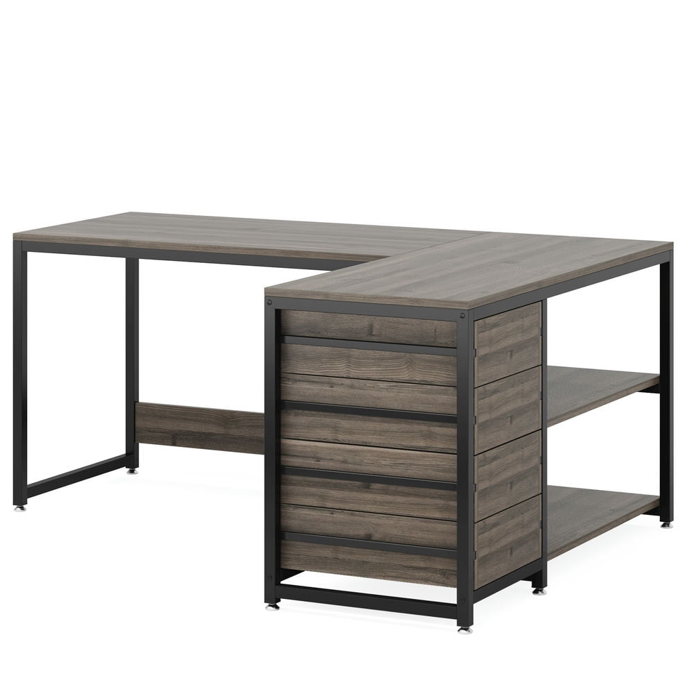 Spaco 59" L-Shaped Desk, Reversible Corner Desk with Drawers & Shelves, Desk for Indoor as Home, Office, Gray