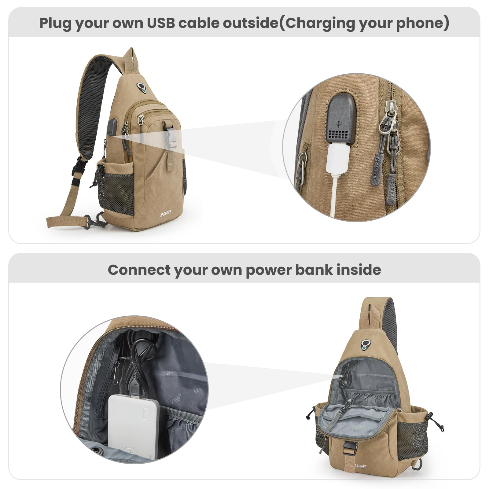 G4Free Canvas Sling Bag Crossbody Backpack with USB Charging Port & RFID Blocking, Hiking Daypack Chest Bag for Women Men
