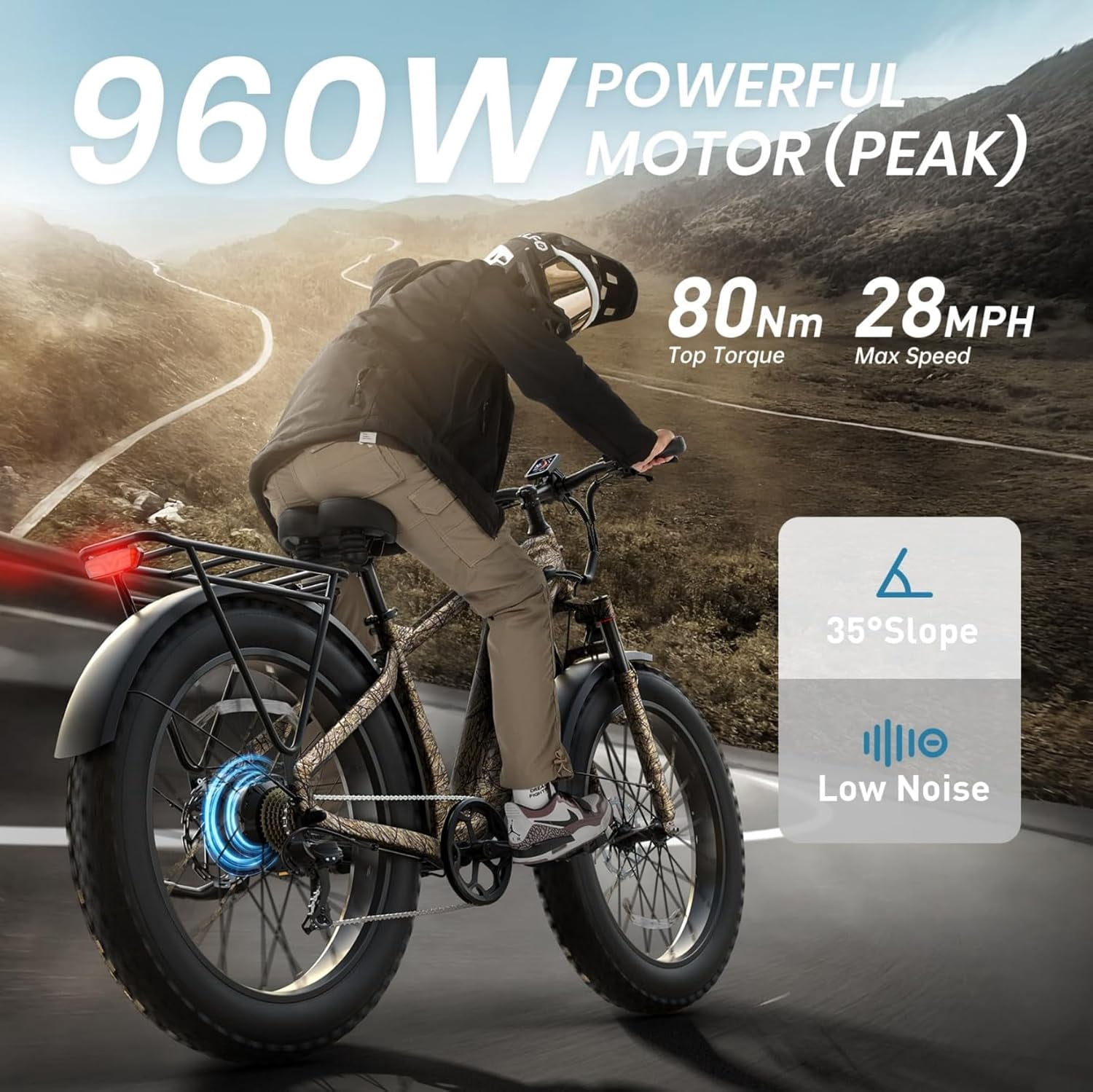 PUCKIPUPPY Electric Bike for Adults 28mph Top Speed 60Miles Max Range 960W Peak 26" Fat Tire Electric Mountain Bike 48V 15AH Removable Battery Ebike 7 Speed off Road E Bike, Comply with UL2849 By SGS