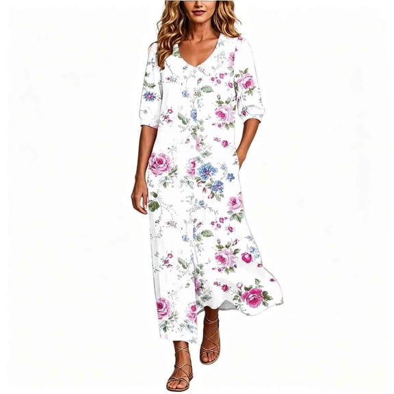 Erwazi Women's Ruffed Dresses Crew Neck 3/4 Sleeve Print Relaxed Fit Weekend Maxi Dress